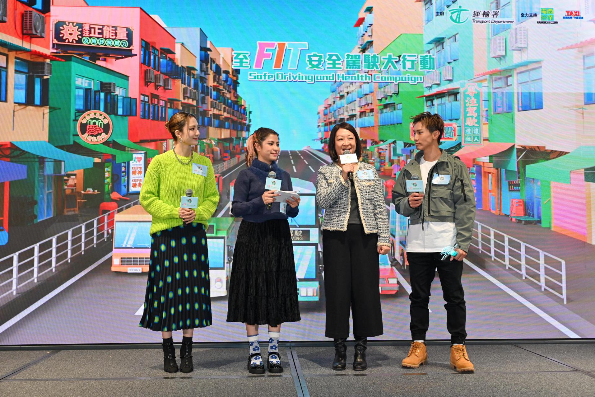 The Transport Department held a kick-off ceremony for the Safe Driving and Health Campaign today (February 1). Speaking at the ceremony, the Commissioner for Transport, Ms Angela Lee (second right), said that a promotional vehicle with a logo of the theme character, Miss FIT, on its body will from time to time tour various public transport interchanges in Hong Kong this year to encourage commercial vehicle drivers to continuously pay attention to safe driving and their health with a view to enhancing road safety.